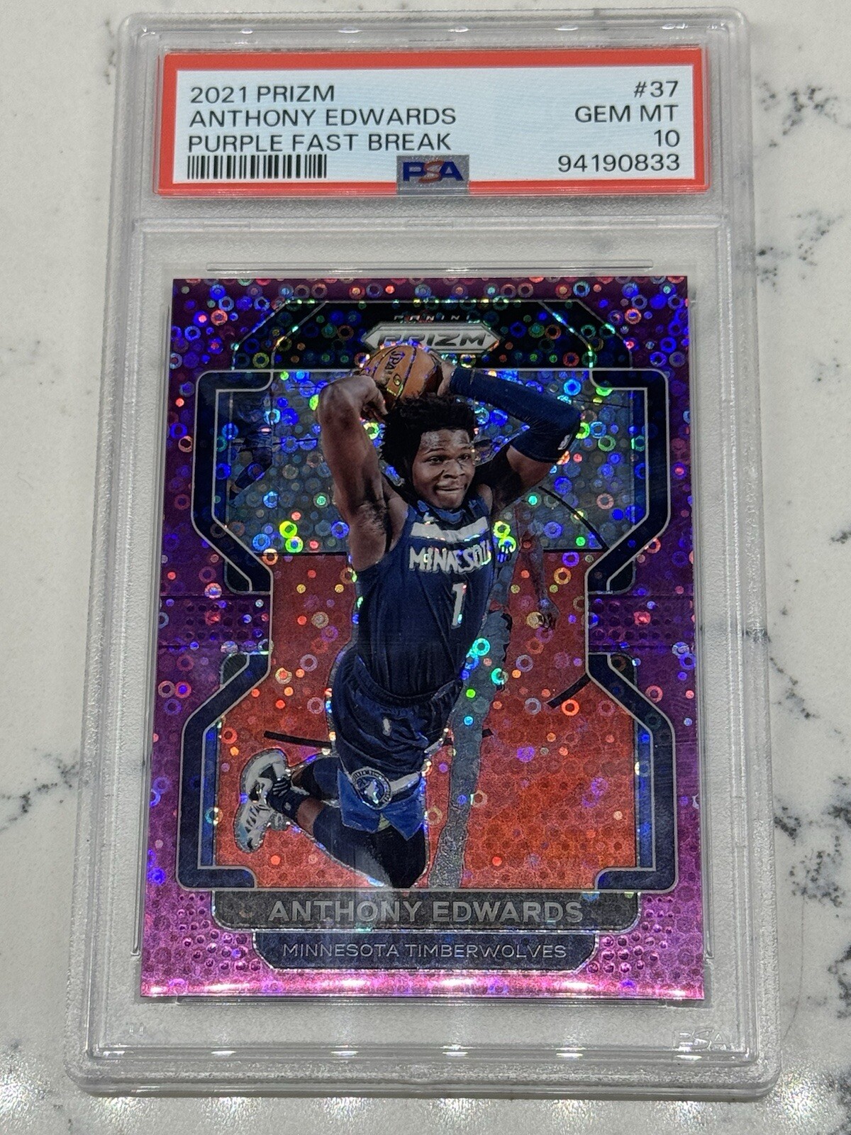 2021 ANTHONY EDWARDS Prizm #37 2nd yr rookie Purple Fast Break PSA 10 /75 pop 5
