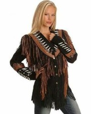 Womens Western Cowgirl Suede Jacket Leather Fringe Bone Coats