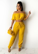 Fashion New Women Off Shoulder Short Sleeves Solid Casual Long Pants Set 2pcs