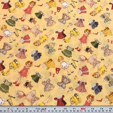 Vintage Paper Dolls Hi-Fashion Fabrics Yellow Cotton Fabric by the HALF YARD