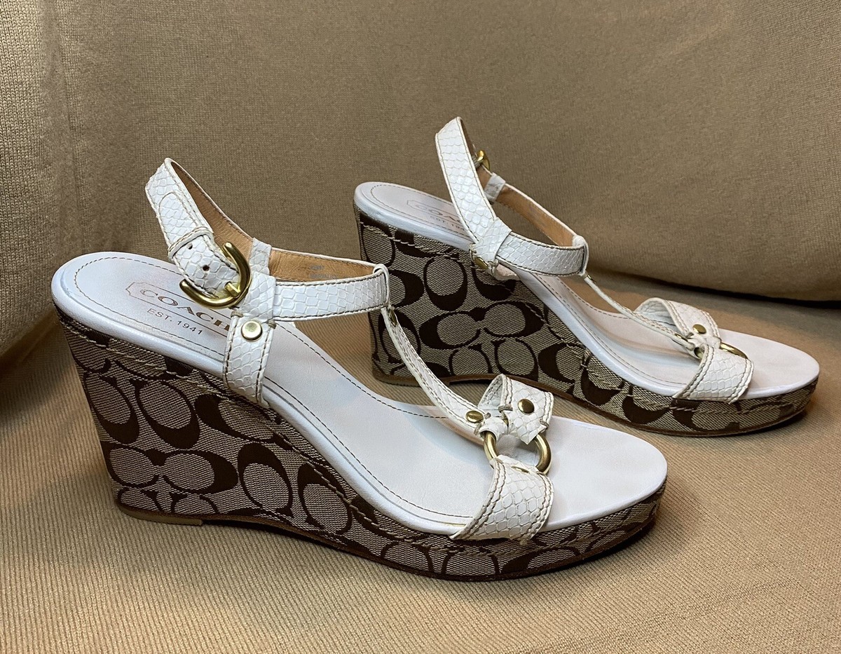 Coach Signature “MaryAlice”White Wedge Sandal Sz 9.5 B Snake