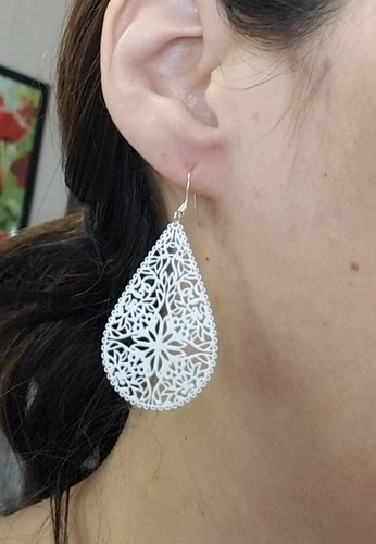 Sterling Silver White Earrings Teardrop Dangle Lightweight Pear Filigree 2" Long - Picture 5 of 6