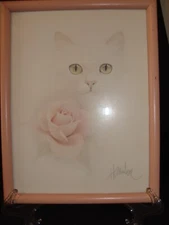 Vintage Bob Harrison Signed Print White Cat With Pink Rose