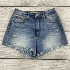 Rewash Blue Denim Fringed Mid Rise Shorts Women Size 3 / 26 Distressed - Stretch
