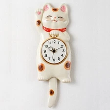 Japanese White Lucky Cat Manekineko Pendulum Wall Clock Pottery Seto