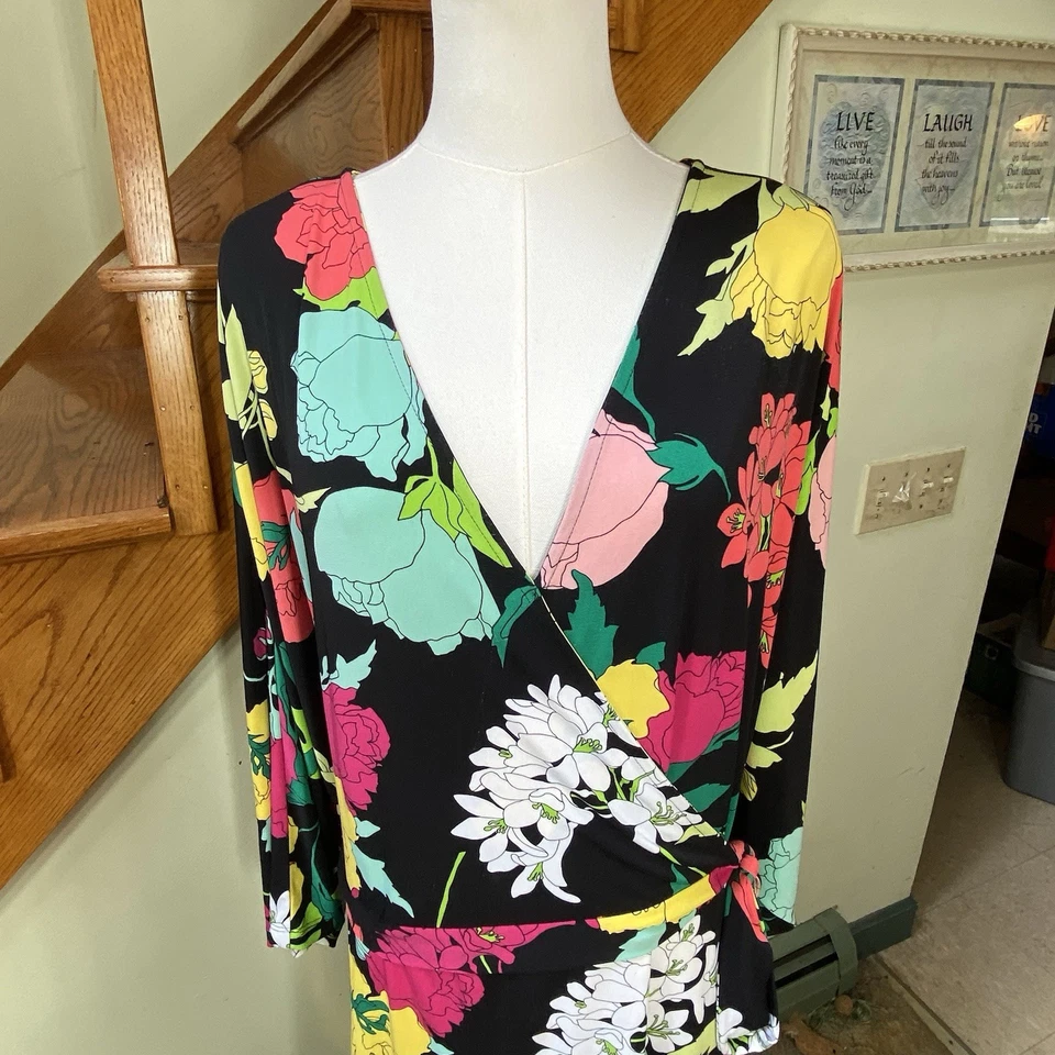 Roaman's Womens Sz 22/24 Faux Wrap Maxi Dress Flowy Black Floral Cottagecore - Image 2 of 4