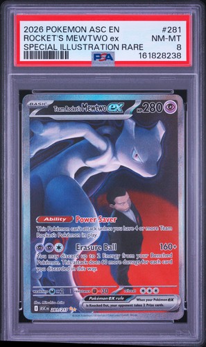 2026 POKEMON ASCENDED HEROES SIR #281 TEAM ROCKET'S MEWTWO EX PSA 8
