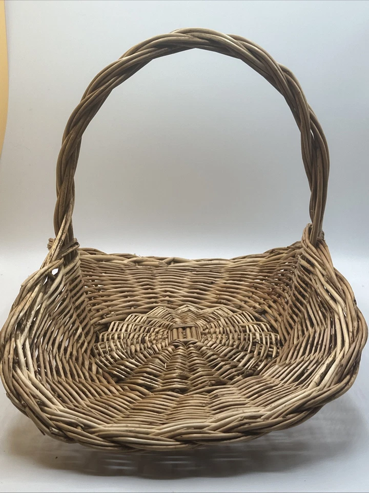Oval  Handled Basket Wicker Woven Weave Gathering Fruit Table Display Farmhouse - Image 2 of 4