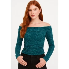 Wild Fable Green Velvet Floral Flocked Off Shoulder Long Sleeve Ruched Top Small