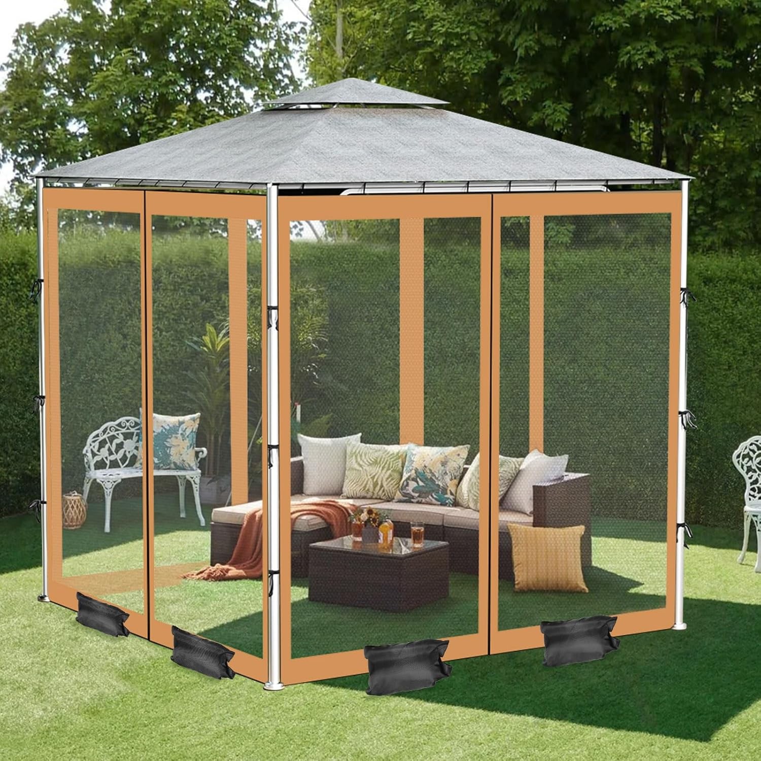 Replacement Mosquito Netting for Gazebo Screen Canopy Mesh Walls with Sandbags.