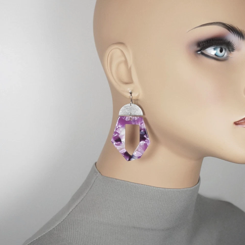 Яркие фиолетовые акриловые и серебряные серьги, платиновые ушные провода - Изображение 2 из 4