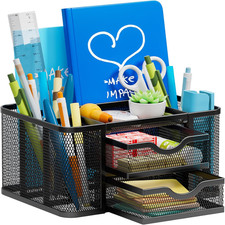 Mesh Desk Organizer, Pen Organizer with 2 Drawer, Multi-Functional Pencil Holder
