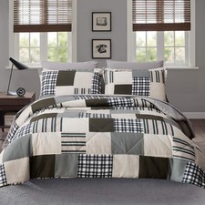 Comforter Set Queen Size Plaid Patchwork Comforter Bedding-7 Piece Bed in a B...