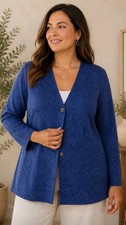 Vtg Chicos Textured Jacquard Jacket/Blazer Floral Button Front Size 2/Large Blue