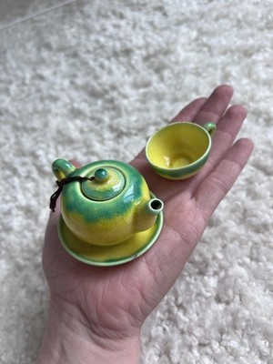 Miniature Ceramic China Teapot and Cup Plate for Doll Mini Vintage Yellow Green