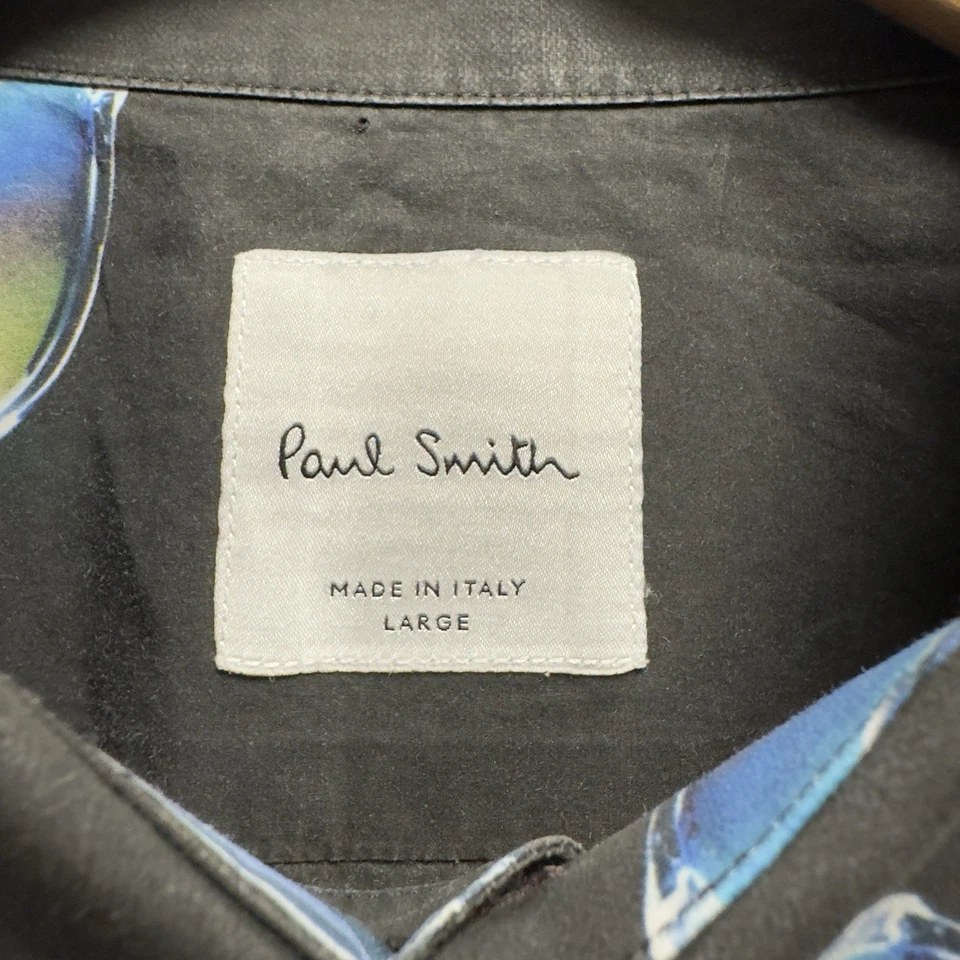 Óculos de sol Paul Smith masculino tamanho grande preto botão gráfico frontal camisa L/S Itália - Imagem 3 de 4