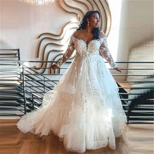 Plus Size Wedding Dresses A-line Tulle Lace Appliques Long Sleeves Bridal Gowns