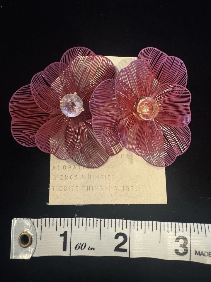 NWT Anthropologie Large Magenta Flower Stud Earrings Metal Rhinestone - Image 3 of 3