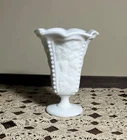 Unique Westmoreland Paneled Grape Milk Glass Vase w/ Ruffled Edge & Beaded Trim