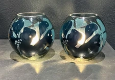 Handmade Blue Floral Glass Globe Table Lamps Pair Art Glass Accent Lights 4.5”