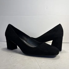 Size 8.5 Stuart Weitzman Black Suede Mary Mid Square Toe Pumps