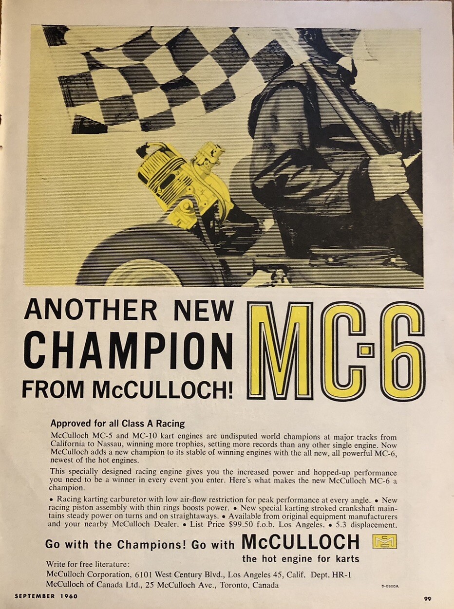 McCulloch MC6 Go Kart Engines Los Angeles Ca. Vintage 1960 Sears And