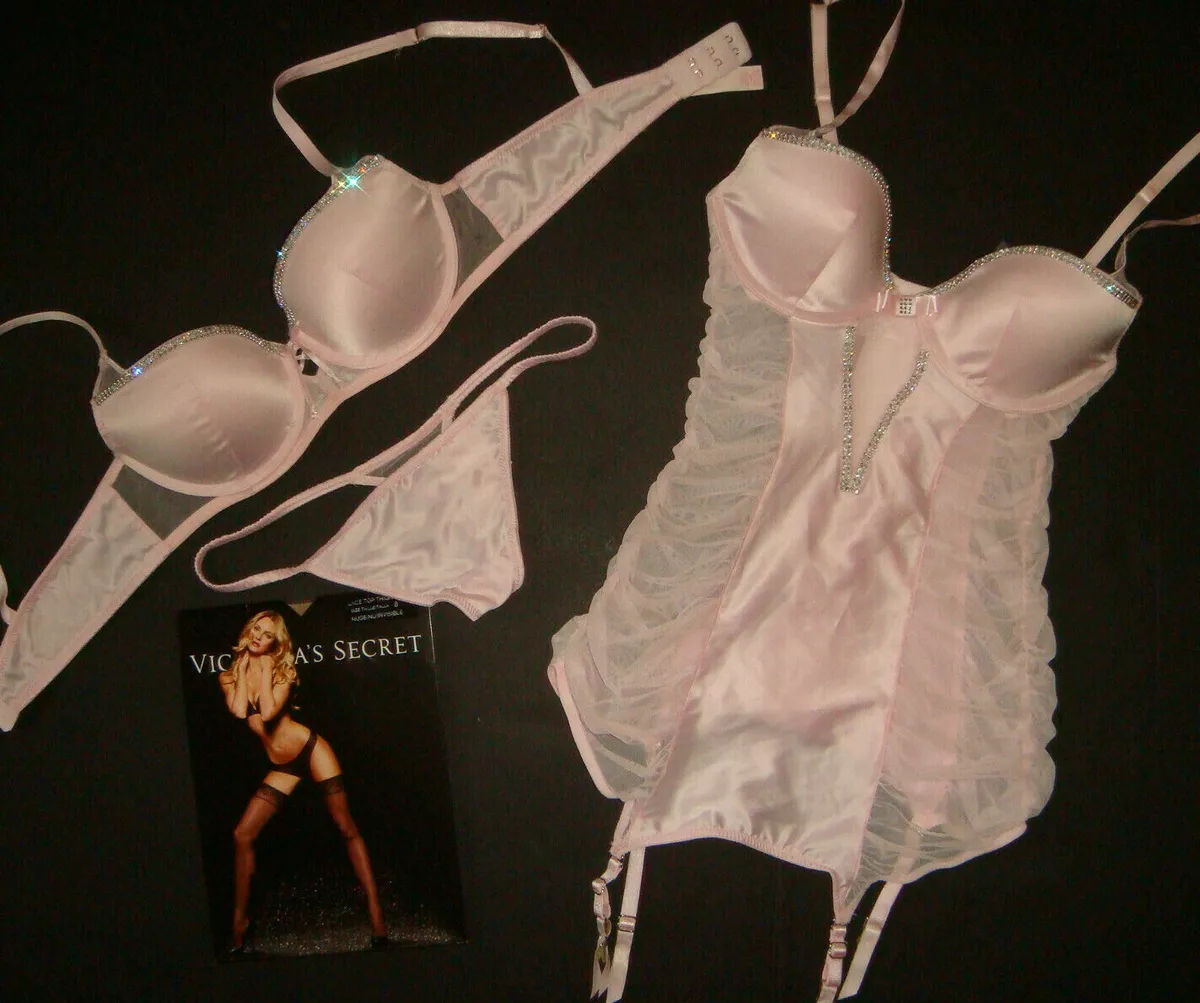 Victoria's Secret 34B,34C BRA SET+GARTER SLIP corset+S PINK SATIN FASHION  SHOW