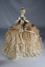 Vtg Half Doll Pin Cushion Figurine Lady with Lace Skirt 13" Porcelain Bust
