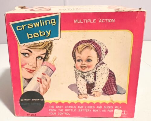 Vintage RUSKO Metal Crawling Baby Doll Battery Operated Toy Very RARE Boy
