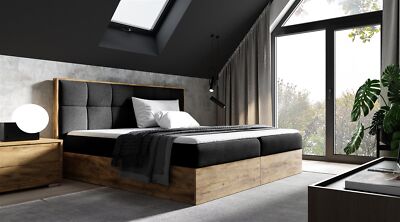 Boxspringbett Bett THANOS 200x200cm Lancelot Eiche Stoff Schwarz inkl Bettkasten