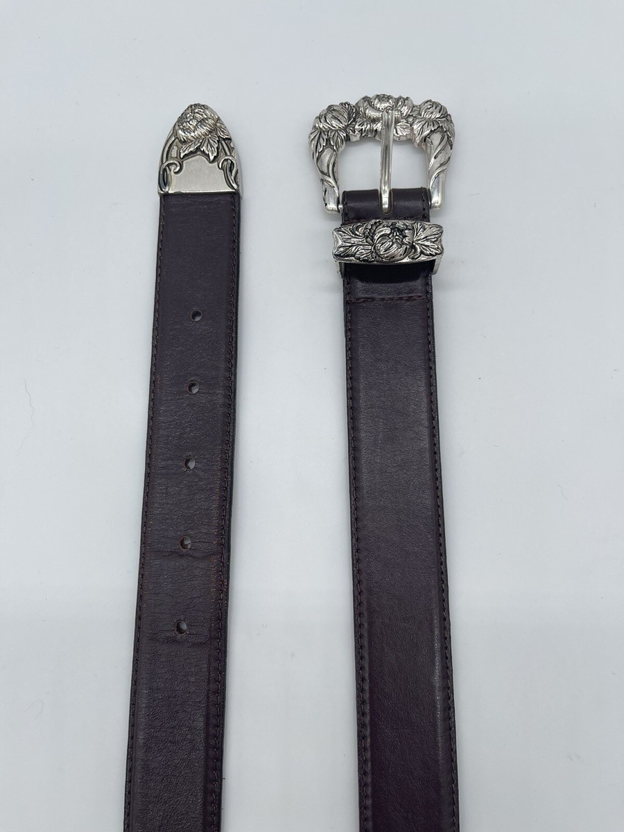 Vintage DONNA KATZ Brown Leather Belt Silver Buckle Flowers  display picture 3