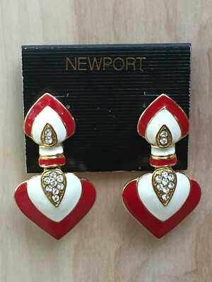 Awesome NOS Vintage Newport Gold Tone & Red / White Enamel Pierced Earrings