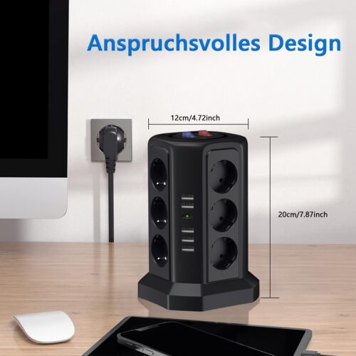12 Fach Mehrfachsteckdose Mit 5USB Steckdosenturm Schalter für Zuhause Büro 2M - Bild 6 von 32
