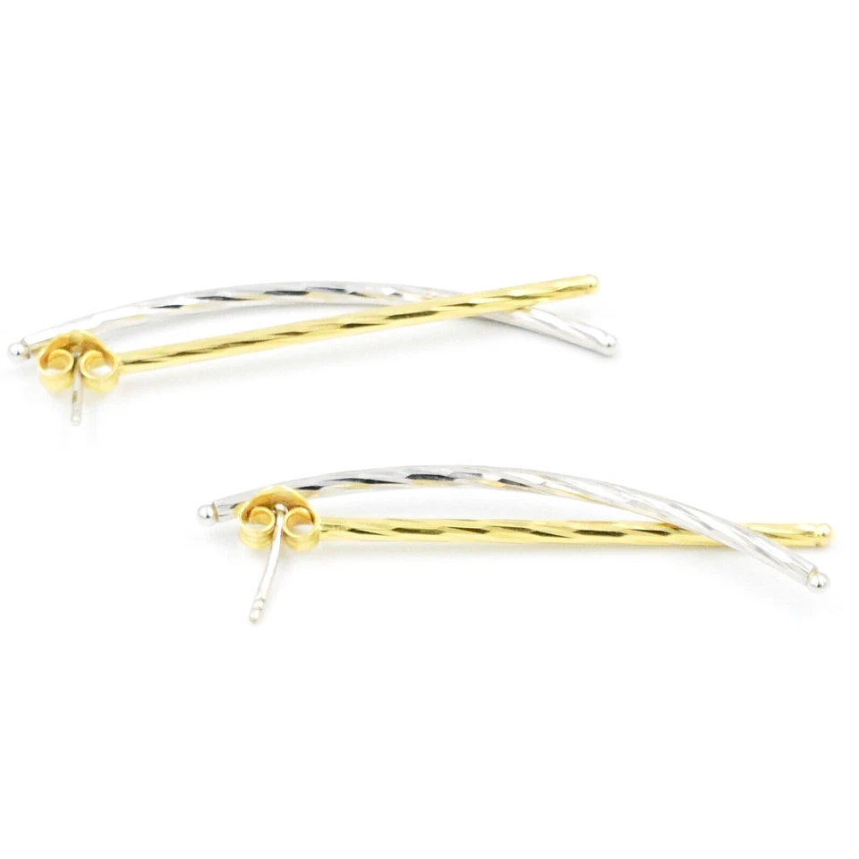 14k Yellow & White Gold Textured Dangle/Drop Curve Bar Enhancer Earrings - Image 2 of 4