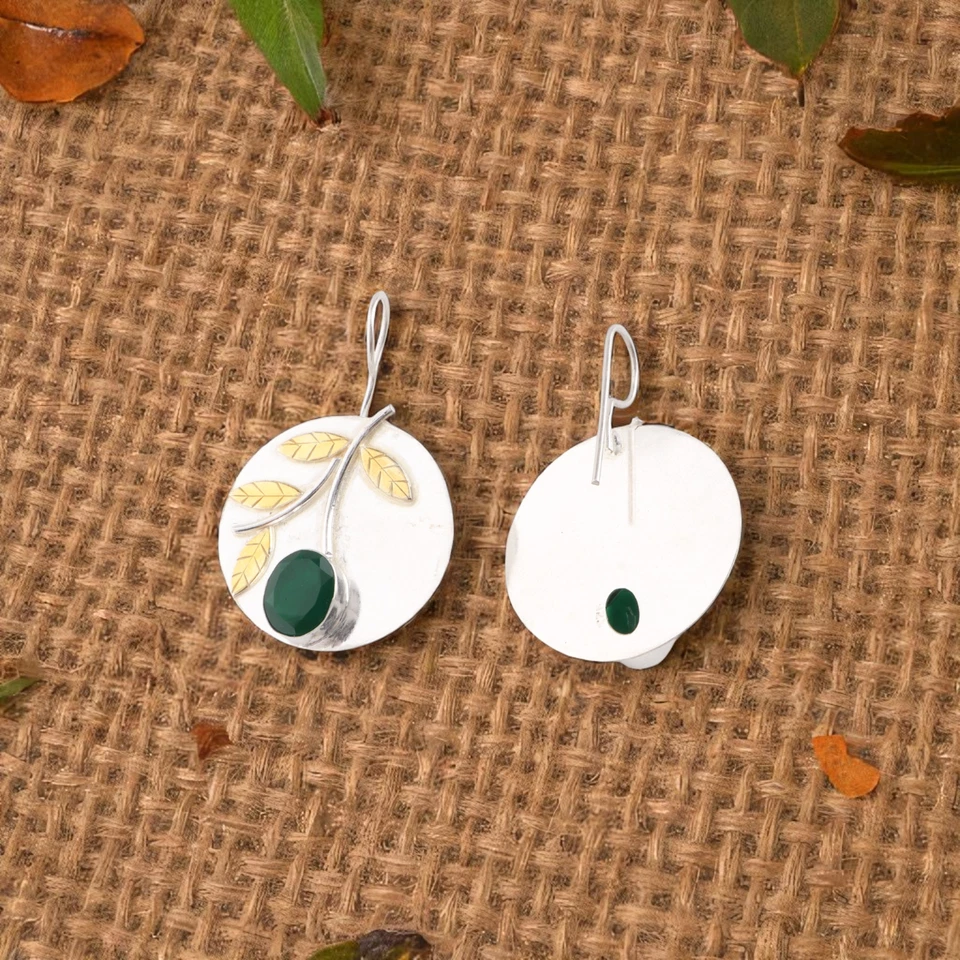 Pendientes de joyería hechos a mano de plata estampada 925 con piedras preciosas de ónix verde regalo para madre Foto 2 de 4