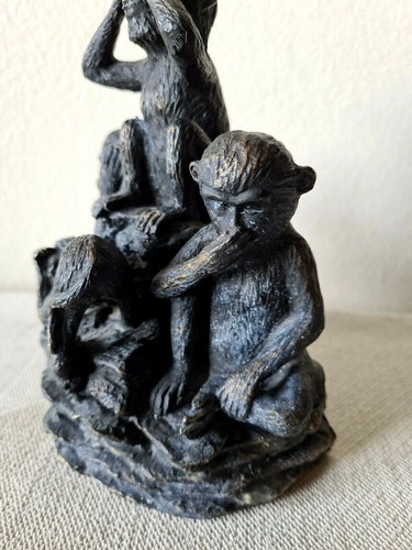 7" Bronzed Wise Monkeys w Baby Statue See No Evil Hear No Evil Speak No Evil VTG - Picture 3 of 8