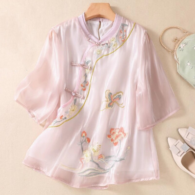 Damen Organza chinesischer Frosch Knopf Bluse Top Stickerei Blumen Hanfu Bluse Shirt