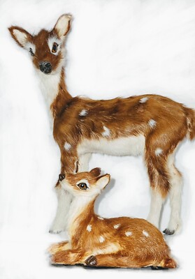 2 tlg. Rehfamilie Reh Kitz Tierminiatur Fell Dekofigur Krippenfiguren
