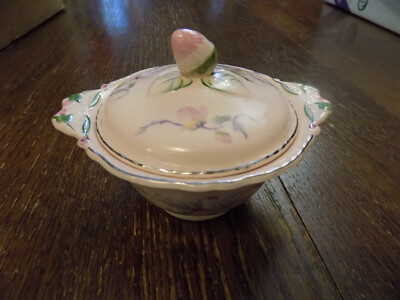 Vtg Steubenville Pale Pink Sugar Bowl Flowers Bent Bud top Handle Lid delicate