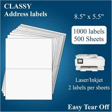Half Sheet Shipping Labels, 2 Per Page Self Adhesive Mailing Labels, 8.5" x 5.5"