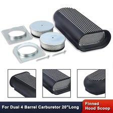20"Long Dual 4 Barrel Carb Hillborn Finned Hood Scoop Air Cleaner Black Aluminum