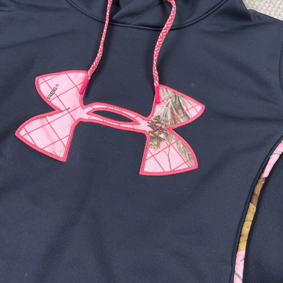 Moletom com capuz feminino Under Armor médio preto rosa logotipo camuflado semi ajustado caça - Imagem 4 de 4