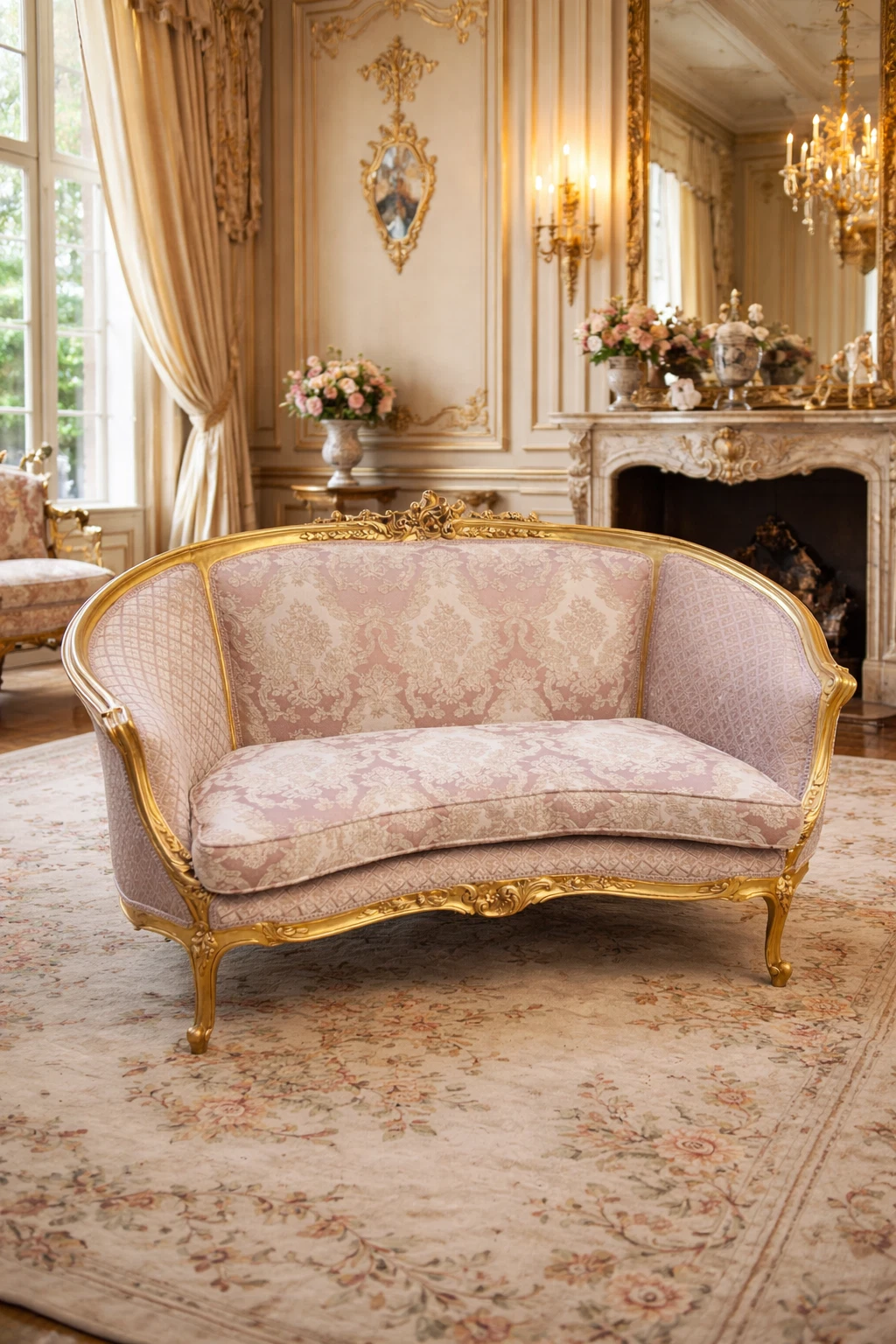 Sofa French Louis XVI Corbeille Pink Damask Giltwood Antique Settee Couch
Opens in a new window or t