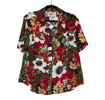 Sandrine Rose Hawaiian Pearl Snap Floral Shirt Red S/S Women Small NWT Made USA