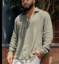 YoungLA Men's 825 Linen Viscose Blend Button Up Shirt Size Large Olive Casual