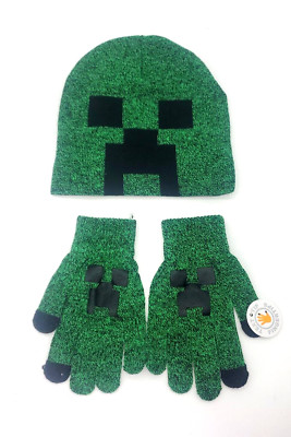MINECRAFT CREEPER MOJANG Knit Hat & Gloves Set Winter Beanie Toboggan Text Tip