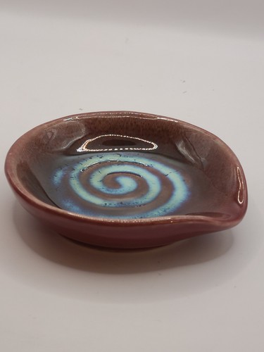 Glazed Art Pottery Saucer Spoon Rest / Trinket Dish, Brown w/ Blue Swirl - Picture 4 of 9