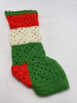 Christmas Stocking Granny Square  Handmade Crochet Yarn Red Green White Vintage