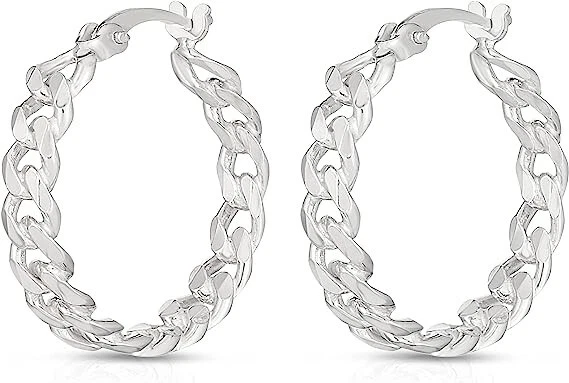 Pendientes de aro Huggie italianos de plata de ley 925 maciza de 20 mm con cadena de bordillo para mujer Foto 3 de 4