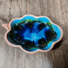 Vintage Santa Anita Ware CA Pottery Leaf Blue Green Tray Dish 1960s 8.75"